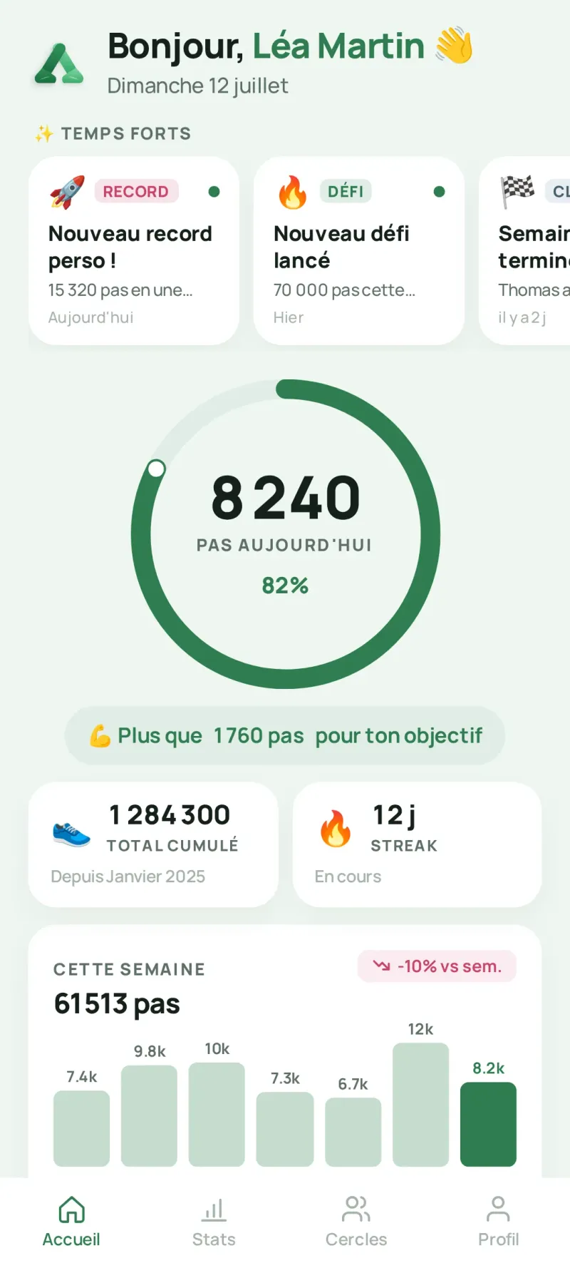 Écran d'accueil de Viamigo : 8 240 pas aujourd'hui, objectif à 82 %
